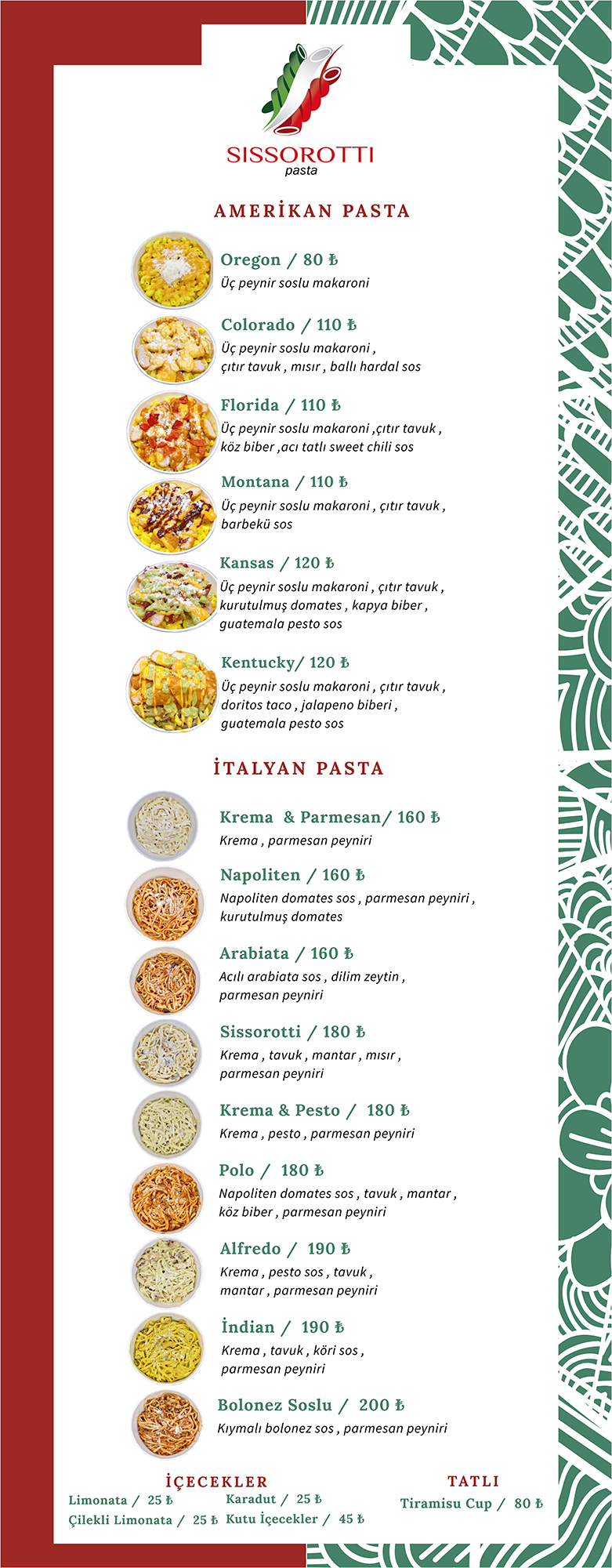 Sissorotti restoran menüsü - İtalyan makarna çeşitleri ve fiyatları